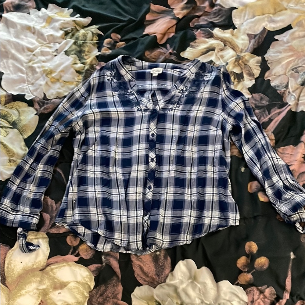 Blue and White Plaid Blouse with Classic Collar